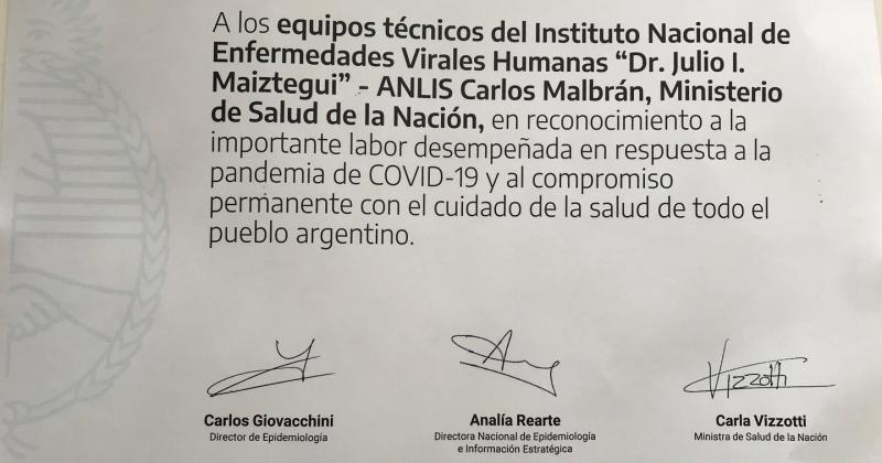 El diploma destaca la labor desplegada por equipos técnicos del Instituto
