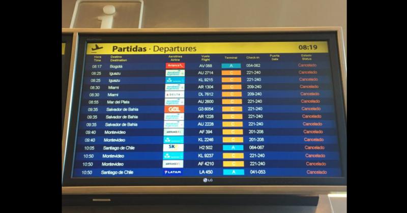 Un tablero indicador de vuelo en Ezeiza 