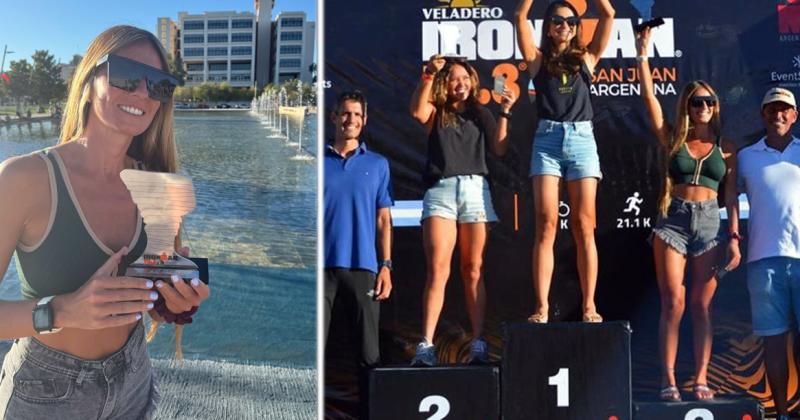 Brenda Bernard con su trofeo y en el tercer escalón del podio de su categoría