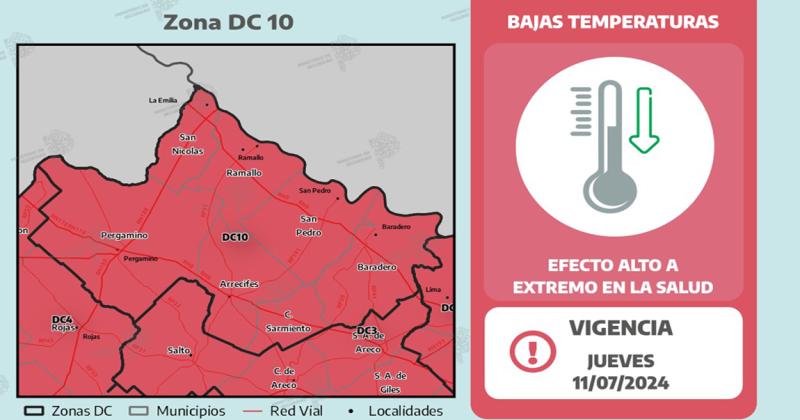 El mapa difundido por el Servicio Meteorológico Nacional que establece alerta roja para el norte de la provincia